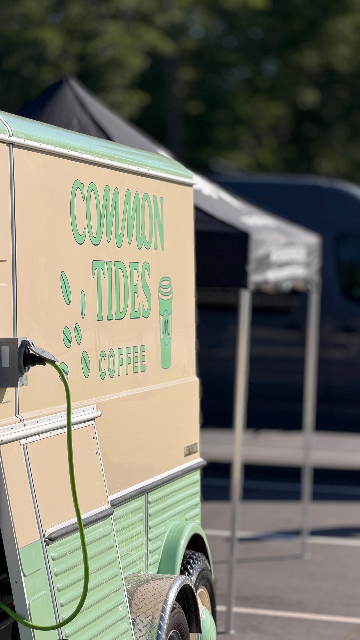 Closeup of the branded Common Tides Coffee trailer parked at an event in Wilmington NC
